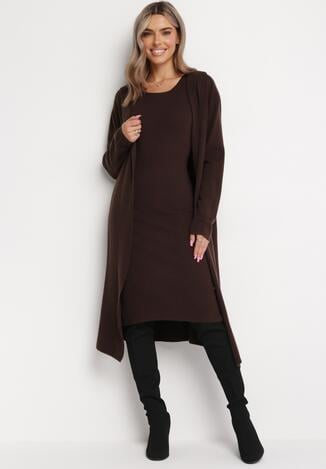 Brązowy 2-częściowy Komplet Dzianinowy z Sukienką i Długim Kardiganem z Kapturem Agissia