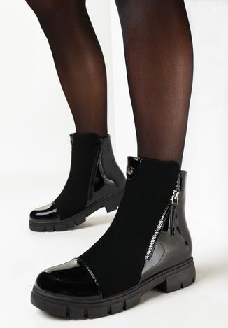 Czarne Botki Workery ze Skośnym Suwakiem i Lakierowanym Noskiem Rabina