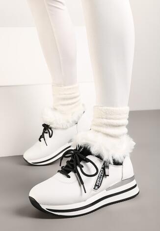 Białe Botki Sneakersy na Grubej Podeszwie z Futerkiem Biqilee