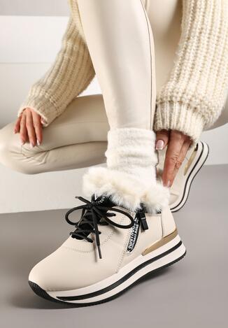 Beżowe Botki Sneakersy na Grubej Podeszwie z Futerkiem Biqilee