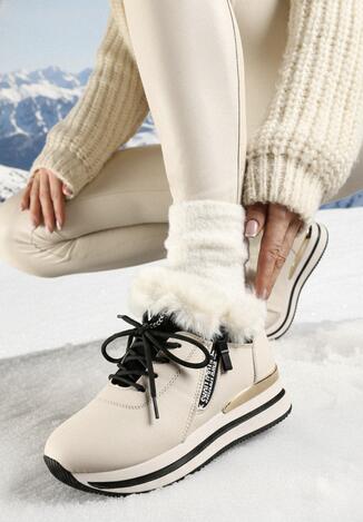 Beżowe Botki Sneakersy na Grubej Podeszwie z Futerkiem Biqilee