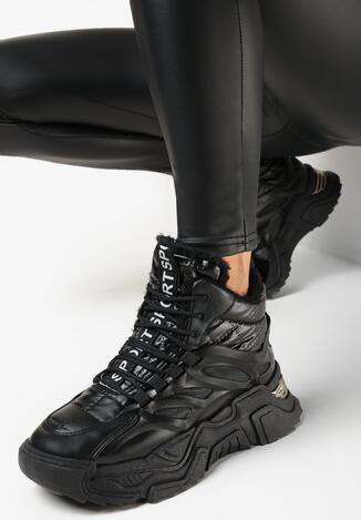 Czarne Sznurowane Sneakersy Śniegowce na Grubej Podeszwie z Metaliczną Wstawką Mahires