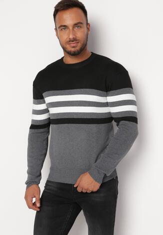 Czarny Wełniany Sweter o Klasycznym Kroju w Paski Mathide