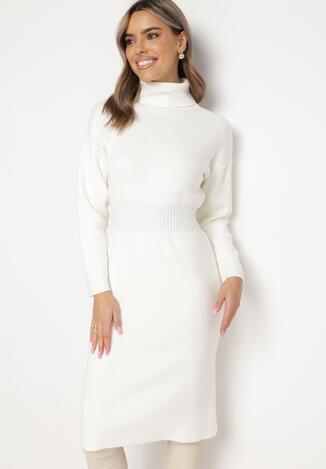 Biała Sukienka z Wełną o Swetrowym Fasonie z Golfem Haweilla
