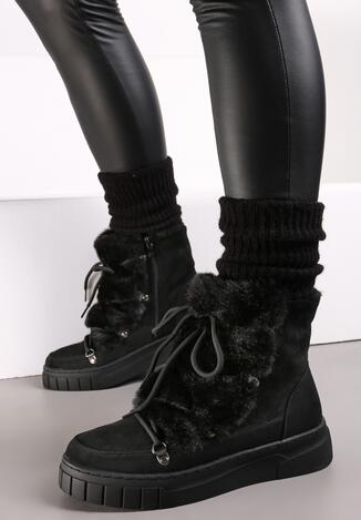 Czarne Śniegowce Ozdobione Futerkiem Przy Sznurowaniu Avionea