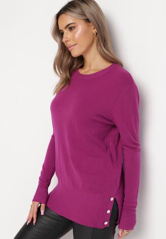 Fioletowy Sweter Ozdobiony Guzikami i Rozcięciami na Dole Malioppe