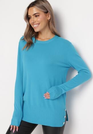 Niebieski Sweter Ozdobiony Guzikami i Rozcięciami na Dole Malioppe