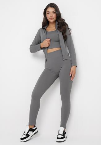 Szary 3-częściowy Komplet Dzianinowy w Prążki Top Bluza i Legginsy Doulli