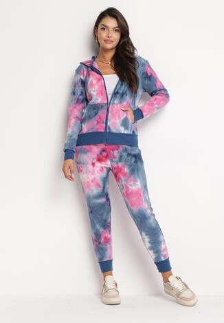 Niebiesko-Różowy Ocieplony Komplet Sportowy z Bluzą i Spodniami Tie-Dye Rekolla