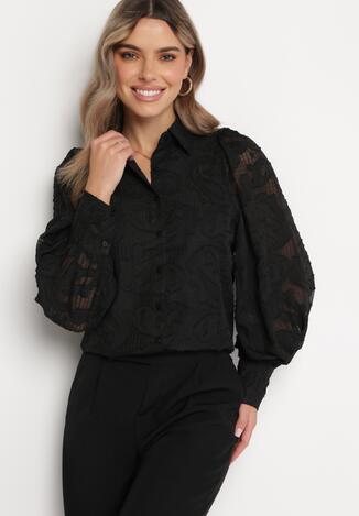 Czarna Koszula z Tkaniny Plumeti i Bufiastymi Rękawami Grevva