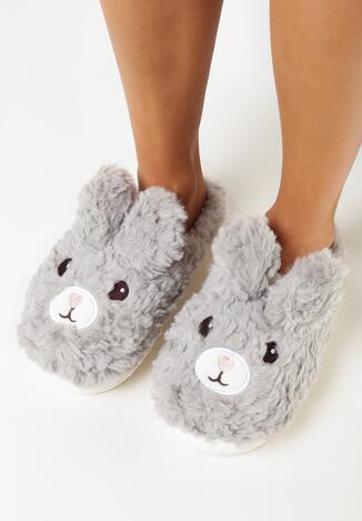 Szare Kapcie ze Sztucznego Futerka z Motywem Królika Brunose
