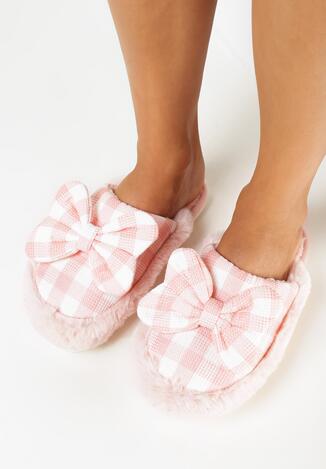 Różowe Kapcie z Kokardką w Kratkę Misanno