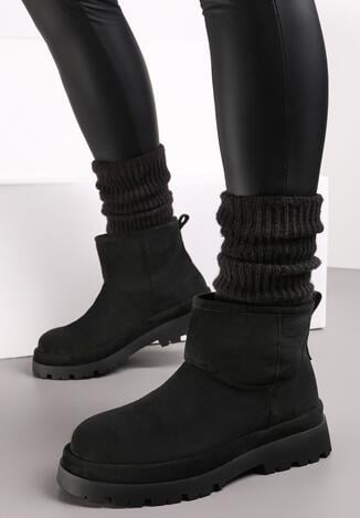 Czarne Wsuwane Botki Śniegowce na Grubej Podeszwie za Kostkę Vastor