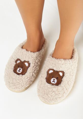 Beżowe Kapcie z Naszywką Misia ze Sztucznego Futra Sarnelia