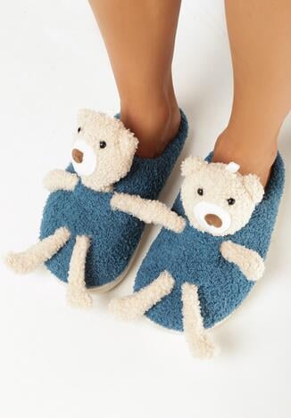 Niebieskie Kapcie Futrzane z Ozdobnym Misiem Randone
