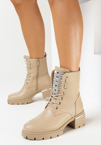 Ciemnobeżowe Botki Workery z Cyrkoniami na Języku Owane