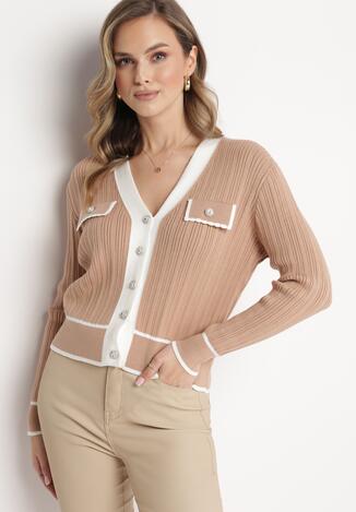 Beżowy Prążkowany Kardigan z Biżuteryjnymi Guziczkami Likanne