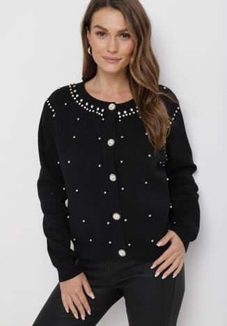 Czarny Wiskozowy Sweter Kardigan z Ozdobnymi Guzikami Cyrkoniami i Metalicznymi Koralikami Leopoldi