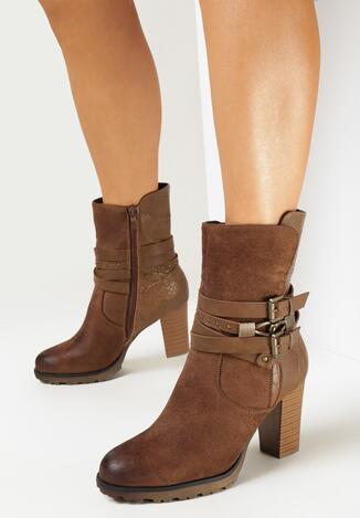 Ciemnobeżowe Botki na Słupku z Ozdobnymi Paskami Wenix