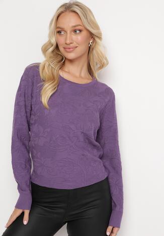 Fioletowy Sweter z Tłoczonym Wzorem w Ornamentalnym Stylu Mariot