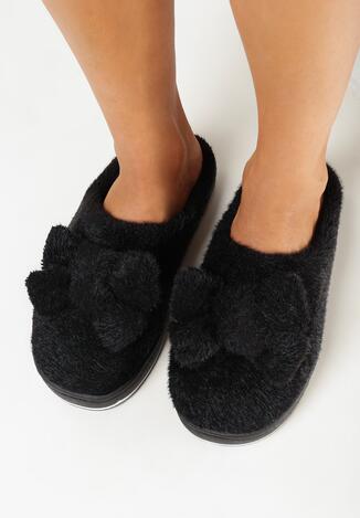 Czarne Kapcie na Płaskiej Podeszwie ze Sztucznego Futerka z Ozdobną Kokardką Fokkenis