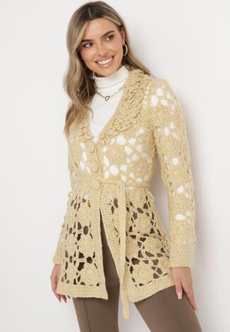 Beżowy Kardigan z Ażurowym Zdobieniem i Wiązanym Paskiem Sabelia