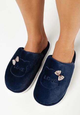 Granatowe Kapcie z Ozdobną Kokardą i Haftem Boseli