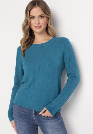 Niebieski Klasyczny Sweter z Geometrycznym Tłoczeniem Ludgera