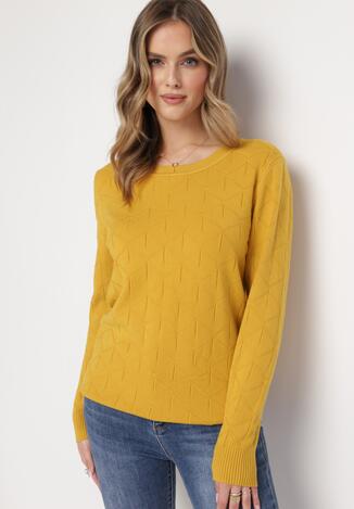 Żółty Klasyczny Sweter z Geometrycznym Tłoczeniem Ludgera