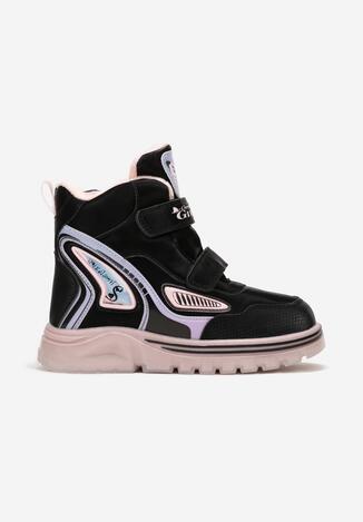 Czarno-Różowe Mocno Ocieplone Botki Sportowe z Rzepami i Naszywkami Kauia