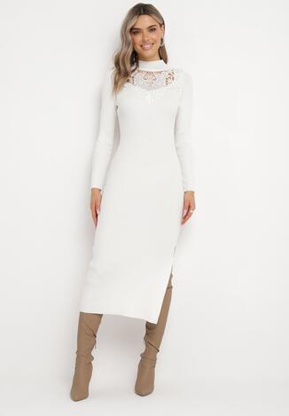 Biała Sweterkowa Sukienka Midi z Prążkowanej Dzianiny Sofisean