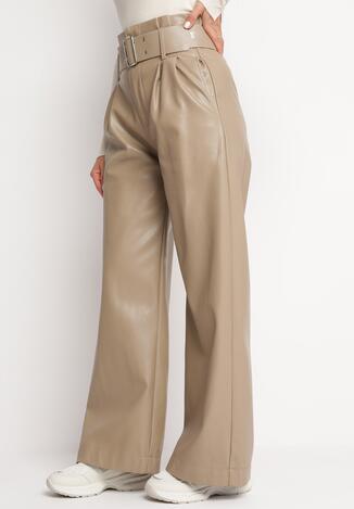 Beżowe Szerokie Spodnie z Imitacji Skóry z Paskiem Leasine