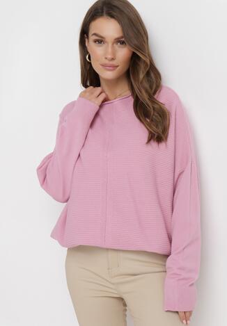 Różowy Sweter o Luźnym Fasonie z Rękawami Typu Nietoperz Poxure