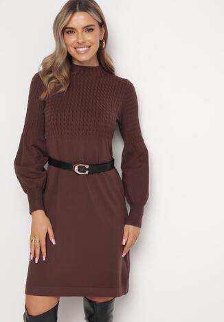 Brązowa Sweterkowa Sukienka z Półgolfem Deulia