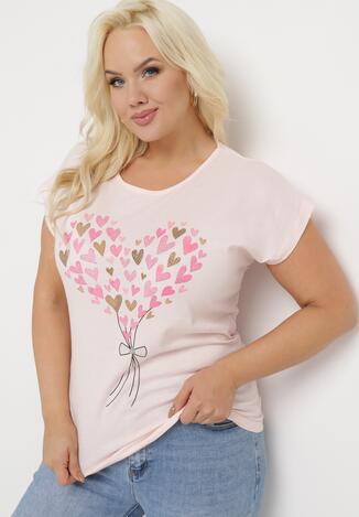 Różowy Bawełniany T-shirt z Nadrukiem w Serca Zdobiony Brokatem i Rękawami Typu Nietoperz Dipti