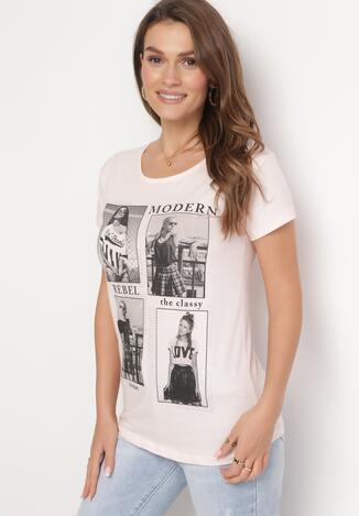 Jasnoróżowy Bawełniany T-shirt z Nadrukiem i Brokatem Kruita