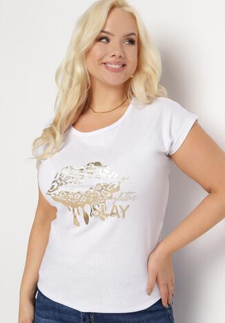 Biały T-shirt z Metalicznym Złotym Nadrukiem Slay Khaji