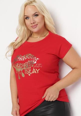 Czerwony T-shirt z Metalicznym Złotym Nadrukiem Slay Khaji