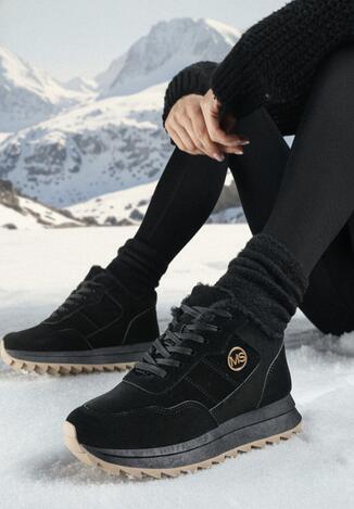 Czarne Sneakersy na Platformie z Futerkiem Egiapia