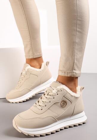 Beżowe Sneakersy na Platformie z Futerkiem Egiapia