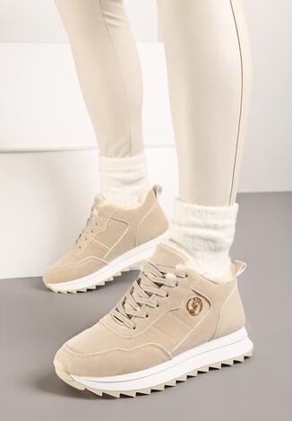 Beżowe Sneakersy na Platformie z Futerkiem Egiapia