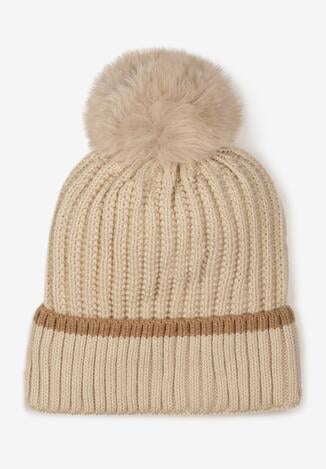 Beżowa Dzianinowa Czapka z Pomponem ze Sztucznego Futerka Hollore