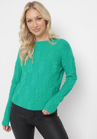 Zielony Sweter o Warkoczowym Splocie z Okrągłym Dekoltem Selinera
