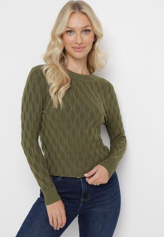 Zielony Klasyczny Sweter z Tłoczonym Zdobieniem Nainea