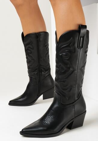 Czarne Kozaki Kowbojki z Przeszyciami i Szpiczastym Noskiem Taoi