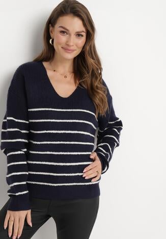Granatowy Pasiasty Sweter z Dekoltem w Serek Zdobiony Cekinami Tegiop