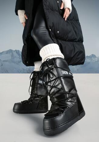 Czarne Ocieplane Śniegowce na Płaskiej Grubej Podeszwie ze Ściąganą Cholewką i Wiązaniem Heatua