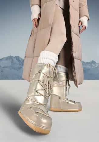 Szampańskie Ocieplane Śniegowce na Płaskiej Grubej Podeszwie ze Ściąganą Cholewką i Wiązaniem Heatua