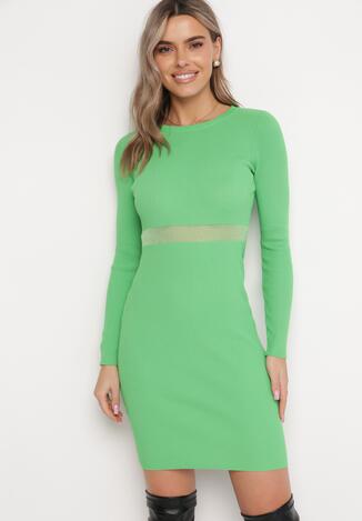 Zielona Dzianinowa Sukienka z Transparentną Talią Mullis