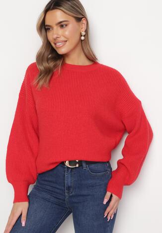 Czerwony Sweter Oversize z Okrągłym Dekoltem Ravo